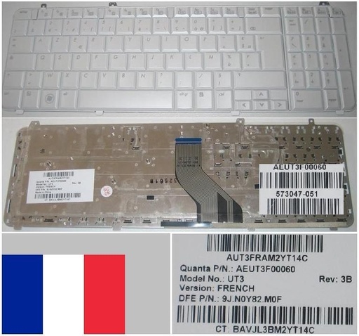 Clavier Pour HP Pavilion dv6-1000 / dv6-2000 Equivalent  AUT3FRAM2XU5R0 MODEL UT3 NSK-HAM0F 9J.N0Y82.M0F AEUT3F00060 AEUT3F00130 - Français Azerty Blanc - ARMORM